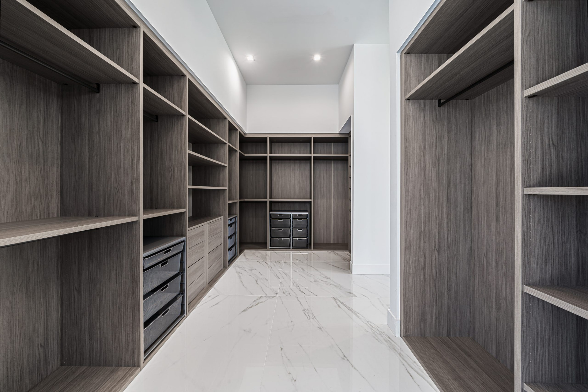 Walk-in closet in a warm walnut finish